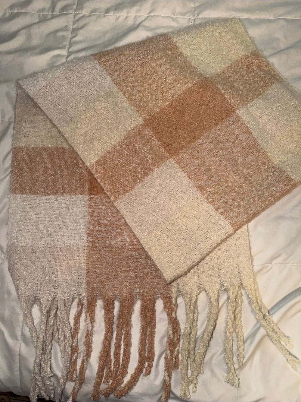 Free People Neutral Checkered Fringe Throw in Cream and Tan